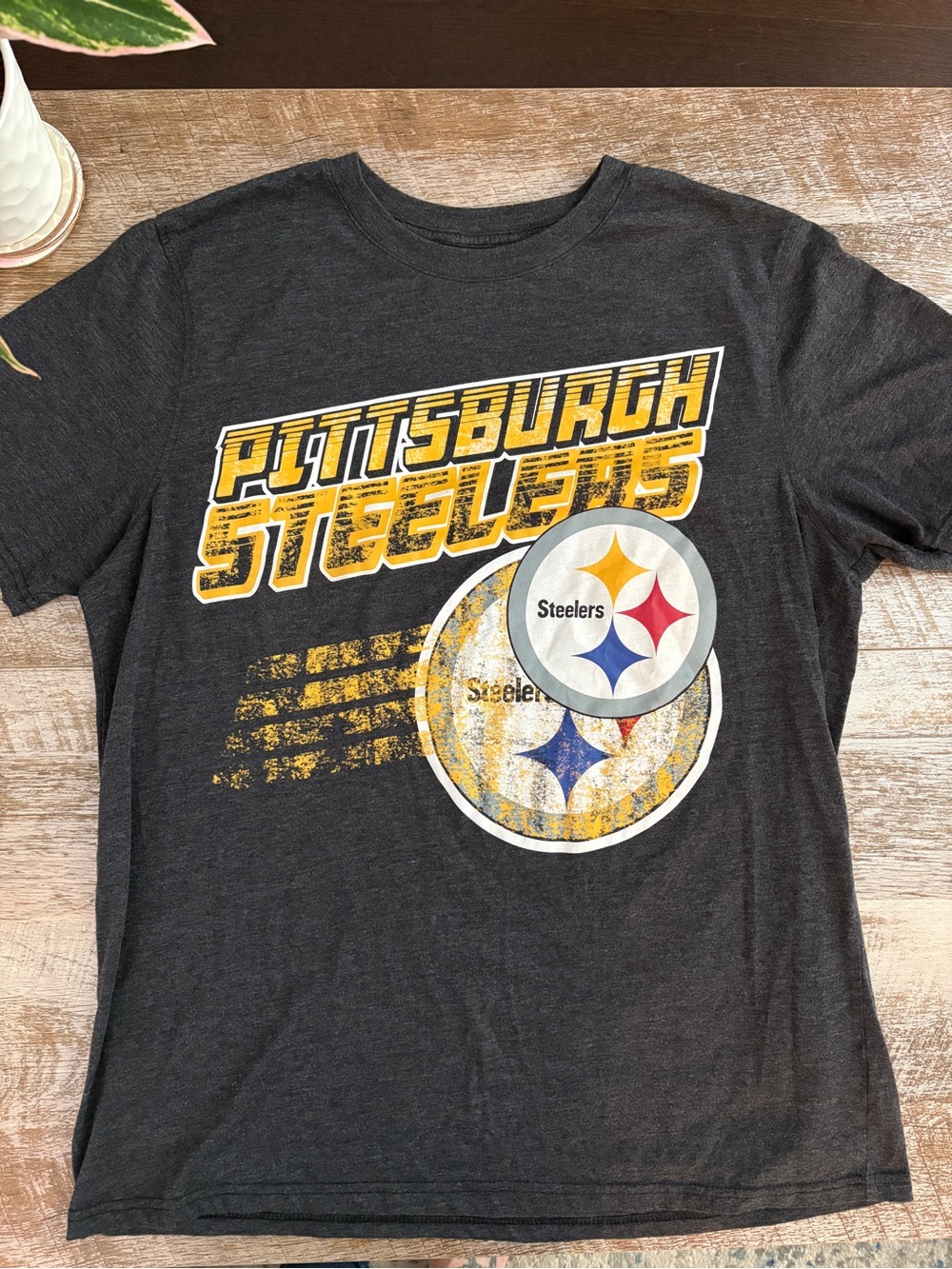 NFL Pittsburgh Steelers Charcoal Black Graphic Tee with Yellow Accents